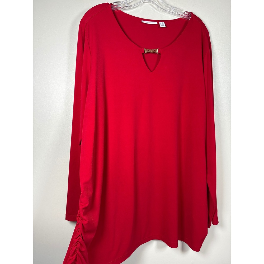 Susan Graver Liquid Knit Red Long Sleeve Tunic Top Gold Mesh Keyhole 2X Travel